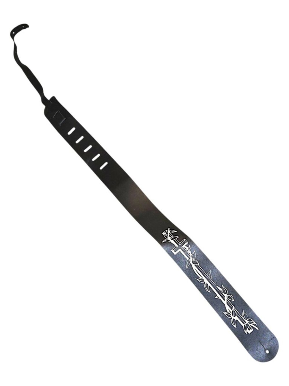 Black Faux Leather Christian Guitar Strap White Cross & Vine Artwork Adjustable
